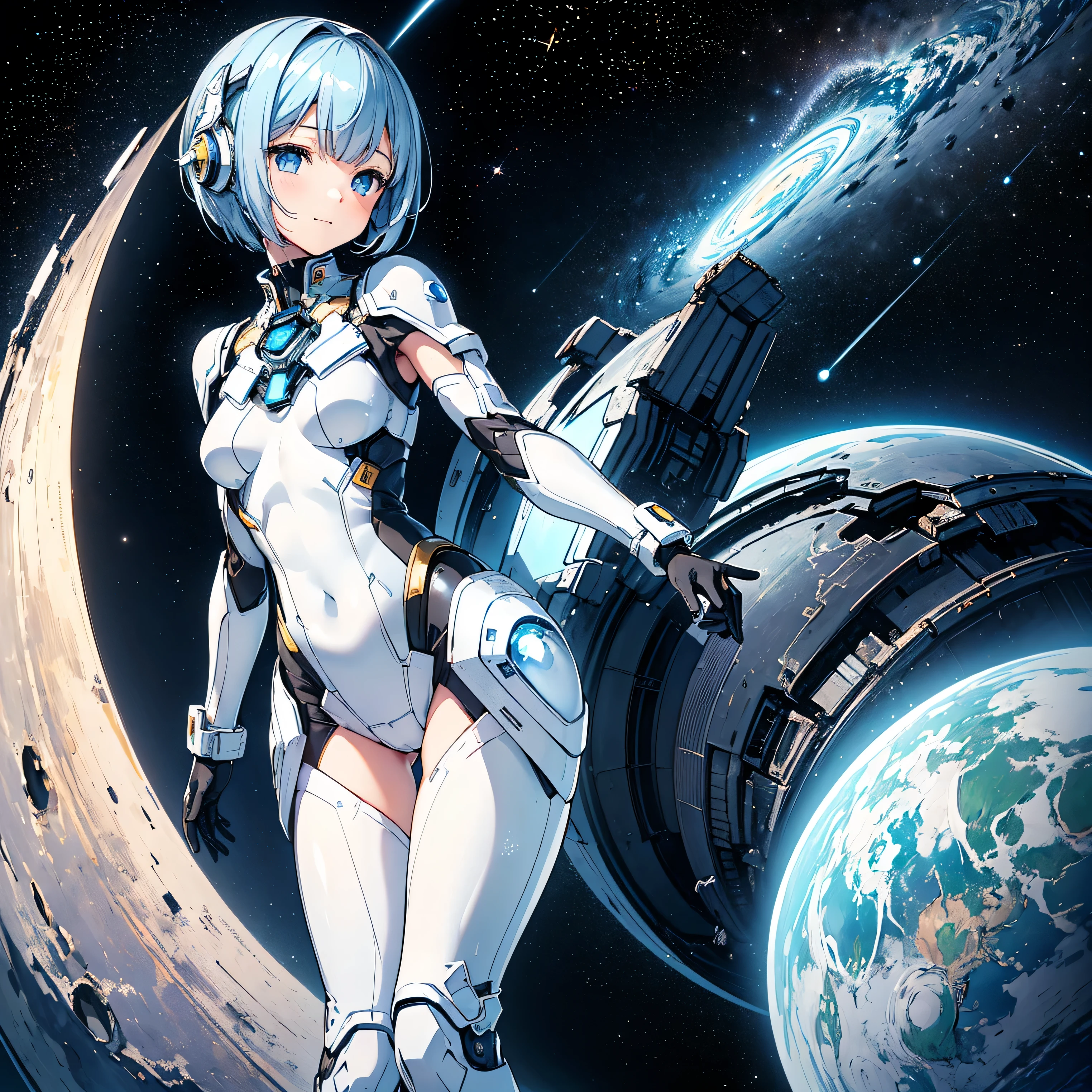 RAW image quality, A super cute girl is wearing a high , mechanical wing, space war background, Rainbow Aura Body, Supernova Power, light blue hair, red eyes, perfect body, sexy, neon glow, Beam sabre, sad mood, very detailed, battle preparation, mecha musume, fine eyes, detailed face,
