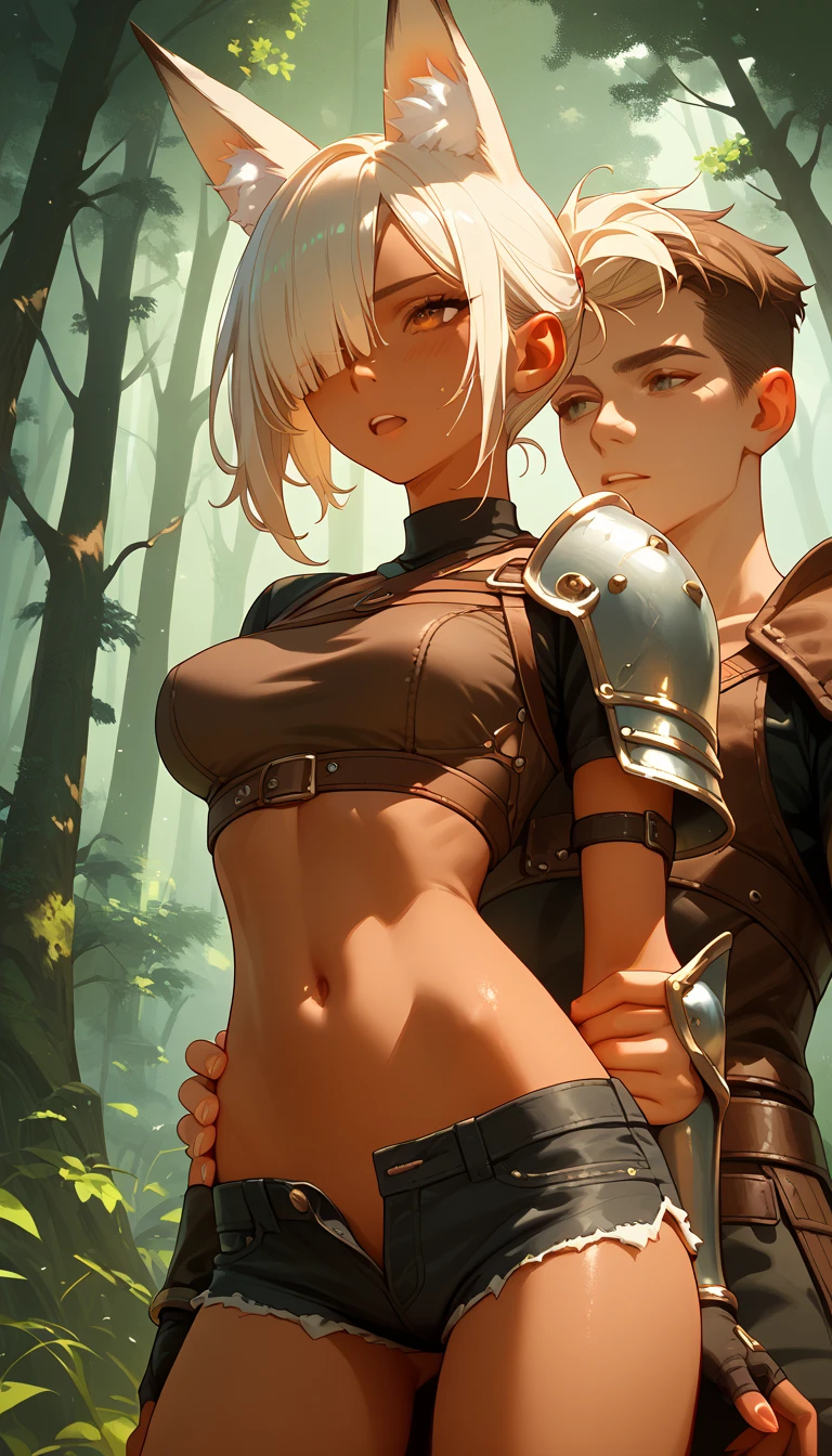  ,   dark skin , hair covers the eye,  smooth skin, fox ears, standing,  thin waist, dug up, leather mini shorts,  phantesis , the forest,  thin waist, an adventurer,  Big girl, navel, teenager girl, armor, sex