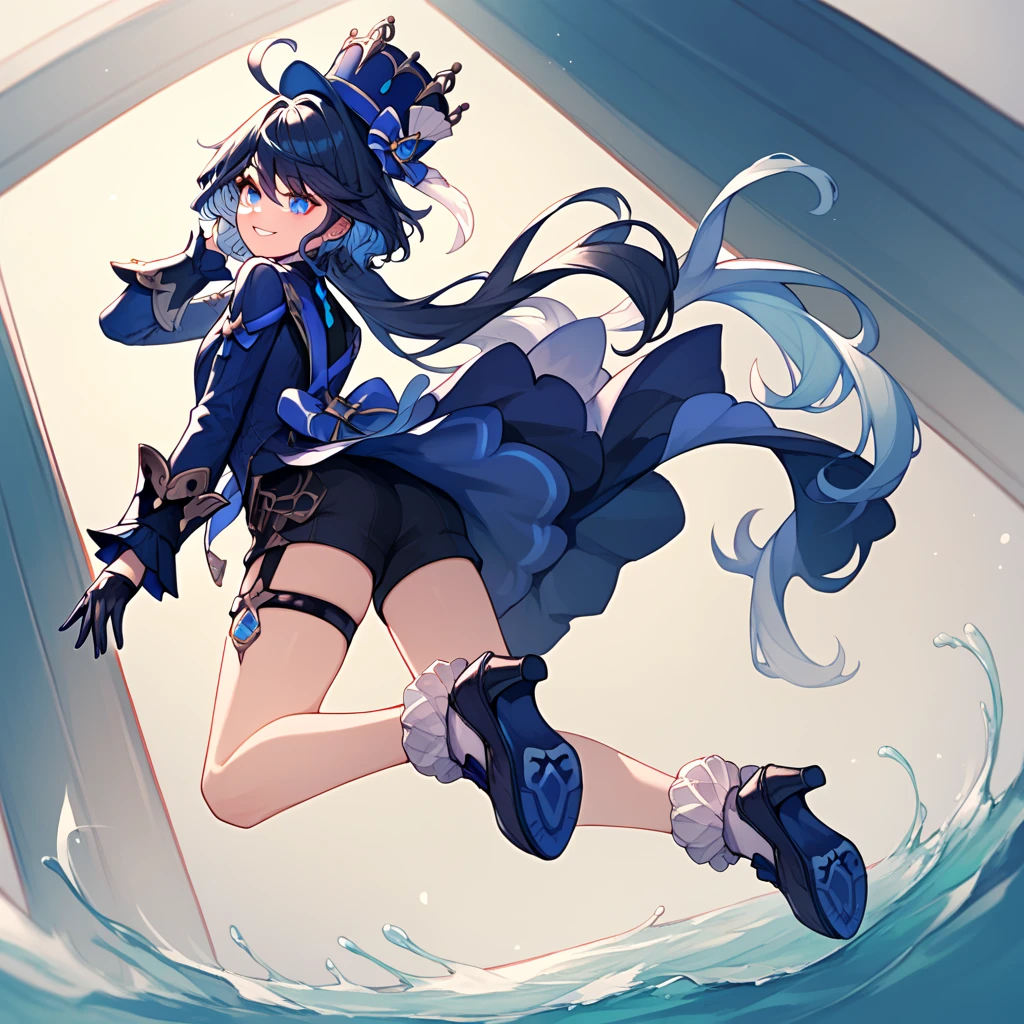 hotify,inzaniak,bow,heterochromia,2r- (pixiv8168114),blue headwear,full body,sidelocks,hair between eyes,multicolored hair,blue ascot,open mouth,blue jacket,blue eyes,legs,air bubble,blue hair,white shorts
