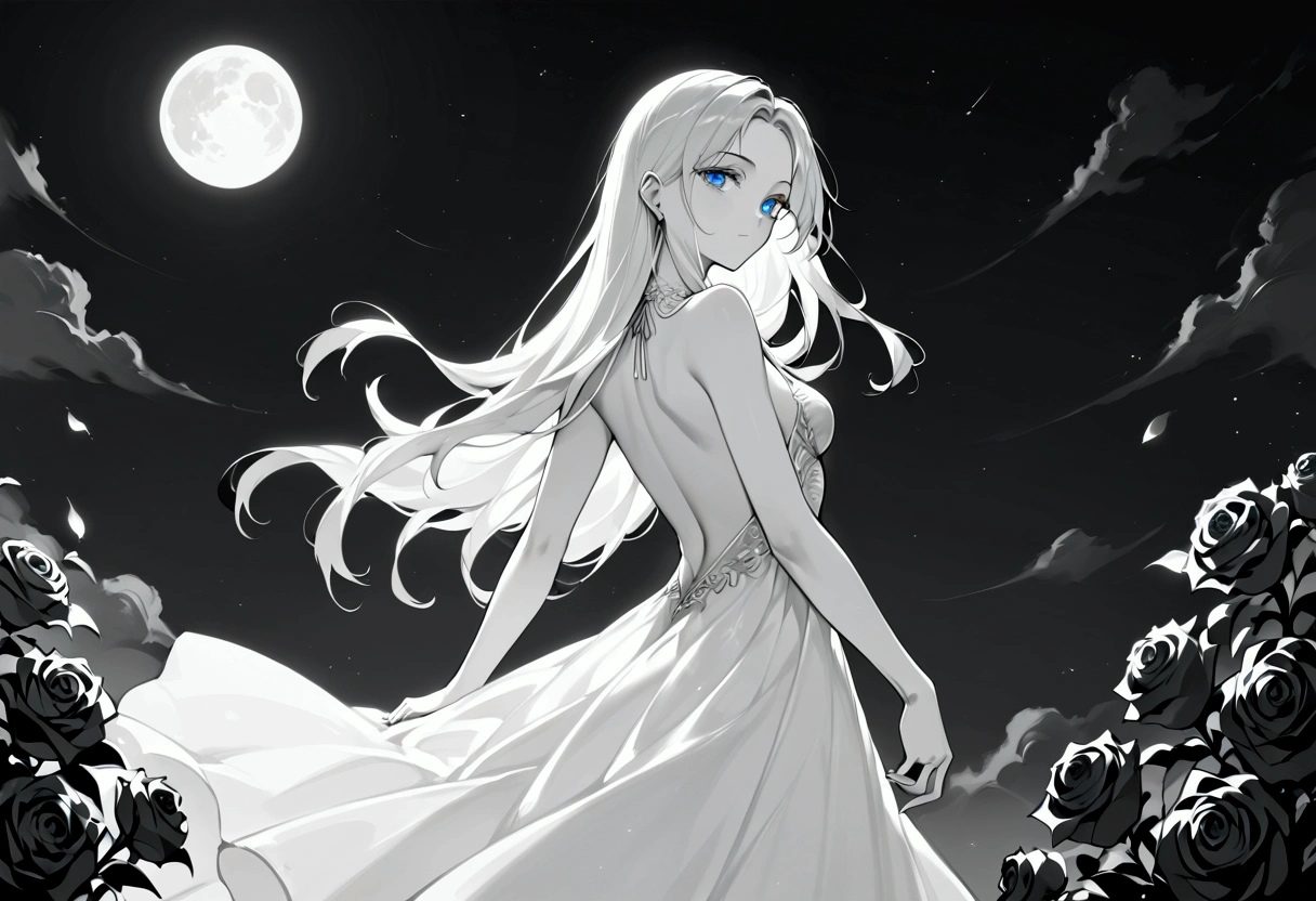 score_9, score_8_up, score_7_up, score_6_up, score_5_up, score_4_up, (black and white art: 1.5) mostly black and white, a picture of a beautiful vampire, long hair hair, blue eyes, wearing white silk dress with (red roses on the dress: 1.3),  backless dress, small cleavage, it is night, the moon in the sky, picture taken from the rear, (only colors are the red roses), Cinematic Shot