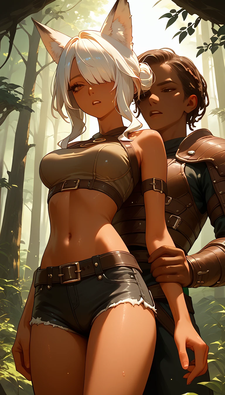  ,   dark skin , hair covers the eye,  smooth skin, fox ears, standing,  thin waist, dug up, leather mini shorts,  phantesis , the forest,  thin waist, an adventurer,  Big girl, navel, teenager girl, armor, sex