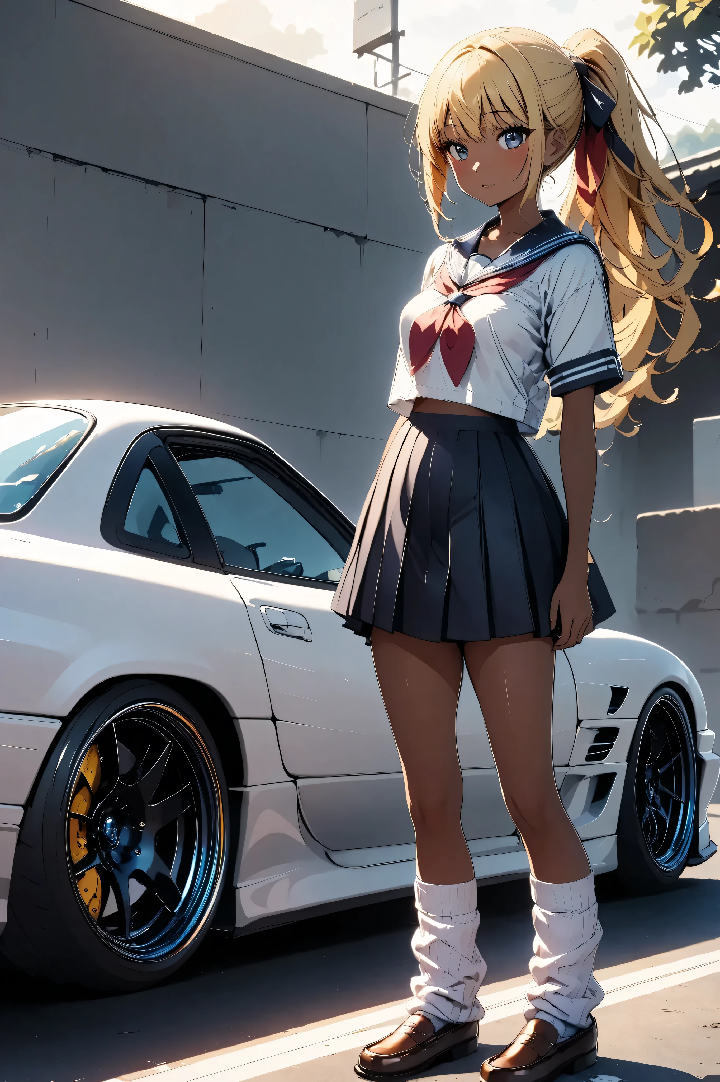 1 High school girl standing next to a tuned MAZDA RX7, Sailor suit, loose socks, loafers, glossy brown skin, small breasts, video, Yellow Hair, ponytail, 