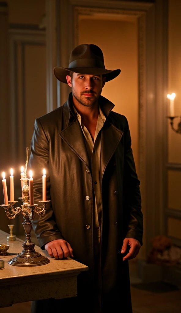  Front view, 1 Jewish man standing ,name is Ryan Gosling, Indiana Jones costume,  discovery lost Arc in Japan Mountain,  on decoration stone table, desk side  on  1 Jewish  silver 6 stick candle stand with candle light , gorgeous decoration room , star of  David  on pillar, （Ark of the Covenant, about 1m12cm long, about 67cm wide, about 67cm high, made of acacia wood by over gold, in two Moses stone) ,background Reubenites sign is morning sun flag of  lost 12 tribes  ,  night,  Cinematic lighting , (textured skin , HI detail skin , slightly, Canon, 8k, anatomically accurate , super detailed, attention to detail, Your Highness) 