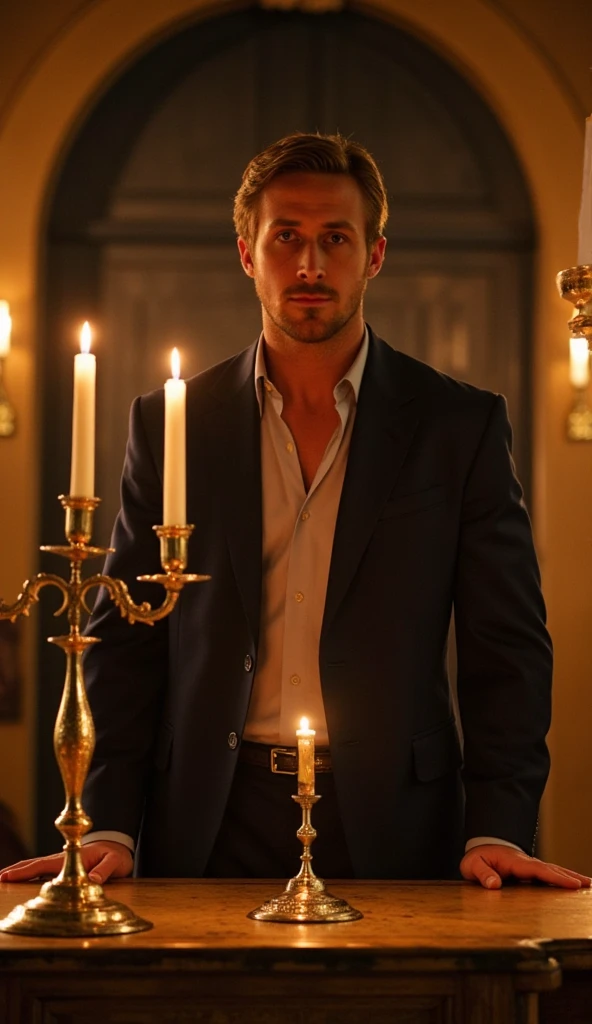  Front view, 1 Jewish man standing ,name is Ryan Gosling, Indiana Jones costume,  discovery lost Arc in Japan Mountain,  on decoration stone table, desk side  on  1 Jewish  silver 6 stick candle stand with candle light , gorgeous decoration room , star of  David  on pillar, （Ark of the Covenant, about 1m12cm long, about 67cm wide, about 67cm high, made of acacia wood by over gold, in two Moses stone) ,background Reubenites sign is morning sun flag of  lost 12 tribes  ,  night,  Cinematic lighting , (textured skin , HI detail skin , slightly, Canon, 8k, anatomically accurate , super detailed, attention to detail, Your Highness) 