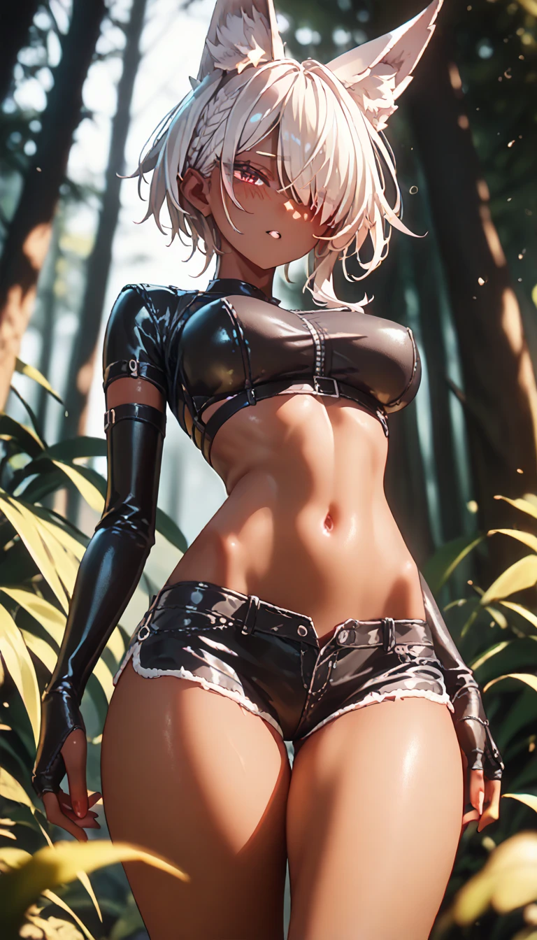  ,   dark skin , hair covers the eye,  smooth skin, fox ears, standing,  thin waist, dug up,  leather mini shorts,  phantesis , the forest,  thin waist, an adventurer,  Big girl, navel, teenager girl, armor, sex