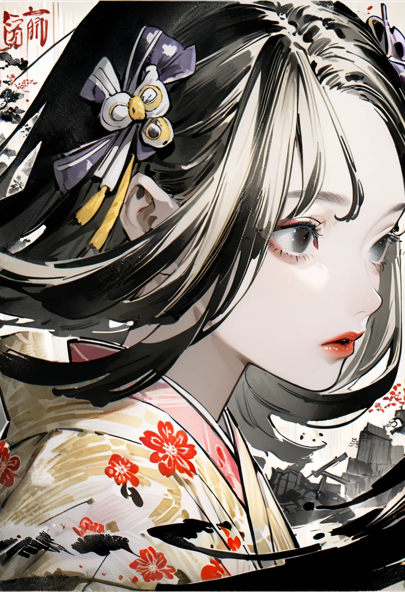 Ink painting , ((( 1 girl fights))), (((ruin))), (((  Very bright hair accessories))), (((Very elegant kimono ))),  close-up, japanese beauty,  black hair, delicate and precise, Modern ukiyo-e style