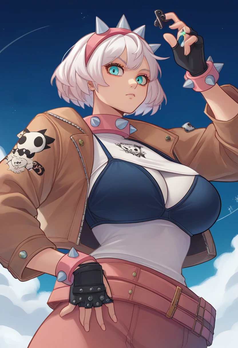 score_9, score_8_up, score_7_up, source_anime, solo, 1girl, striveelphelt, looking at viewer, hairband, dark blue bikini above only, black circle with a white dot logi on bra, big breasts, fingerless gloves, spiked collar, spiked bracelet, simple brown jacket, tattoo with the name Thornyu, low angle sho