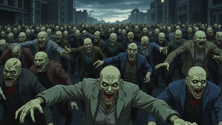 anime, a horde of zombies walking with arms stretched