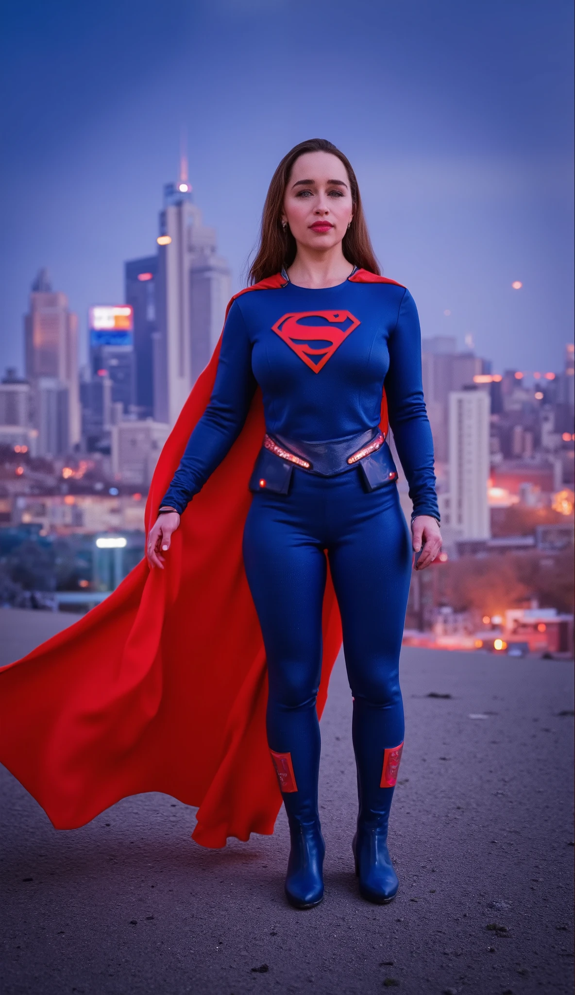 (best quality, 128k,highres,masterpiece:1.2),ultra-detailed,(realistic,photorealistic,photo-realistic:1.37), ((masterpiece)) ((photography)) ((Highest quality)) Emilia Clarke as a cyberpunk Supergirl, dressed in a highly detailed futuristic armor with a sleek and dynamic design. The suit predominantly features shades of vibrant blue and striking red, accented with glowing LED strips that outline the edges of the armor, creating a radiant effect. The chest piece prominently displays the iconic "S" emblem, illuminated in neon red with a faint blue glow surrounding it, symbolizing strength and hope. 

Her shoulders are protected by angular, reinforced pauldrons with intricate patterns, and the forearms have segmented, glowing panels in a mix of blue and red. The gloves are sleek and fitted, with LED lines tracing down to her fingertips. Her legs are clad in high-tech boots with aerodynamic contours, glowing red soles, and blue highlights running along the sides. A semi-transparent, flowing cape with embedded LED fibers in blue and red completes the look, giving her an ethereal yet commanding presence. 

In the background, a sprawling cyberpunk cityscape with towering skyscrapers and vibrant holographic billboards, bathed in hues of neon red and blue, enhances the futuristic atmosphere.