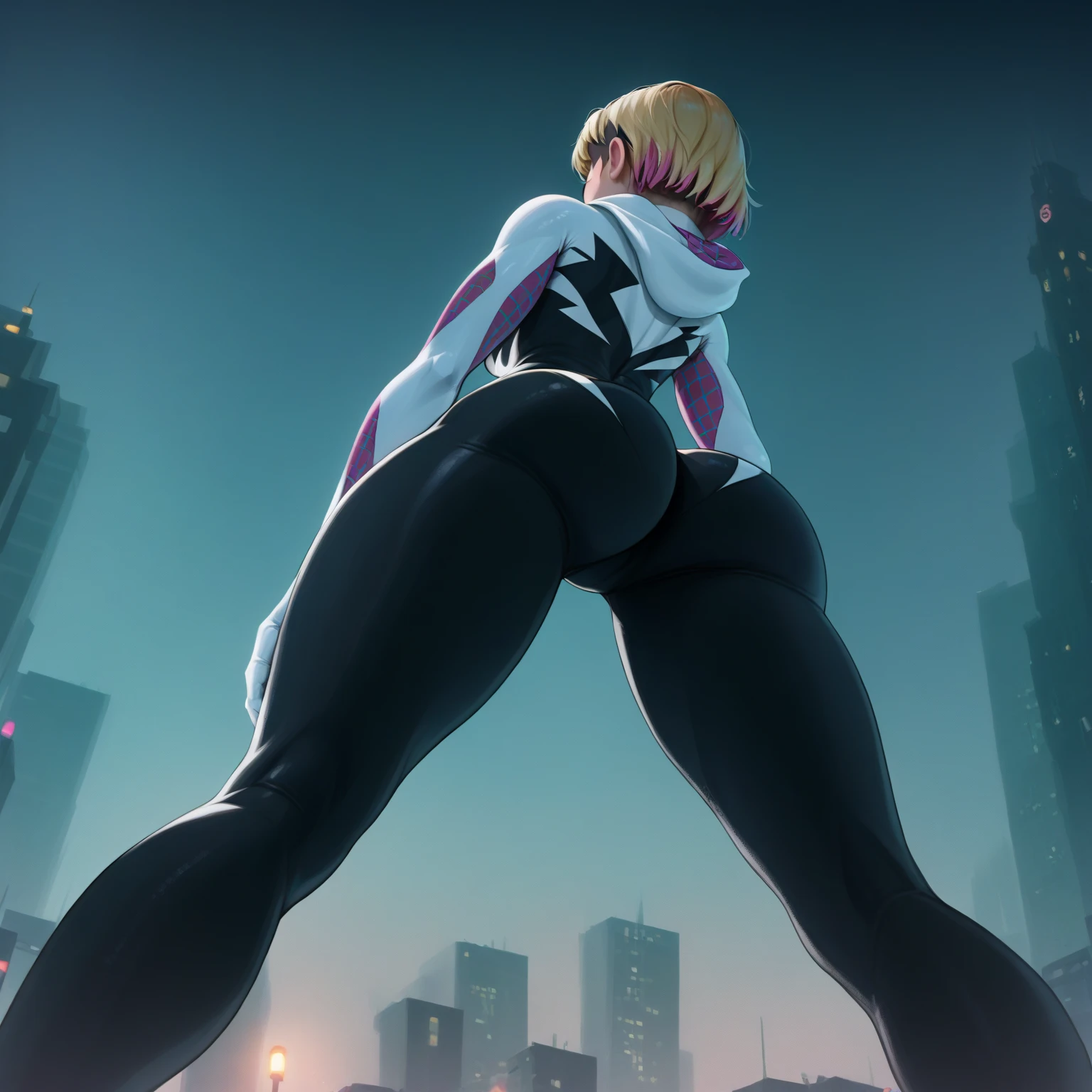 score_9, score_8_below, 1girl, solo, (short hair Gwen Stacy, blonde, colorful highlights:1.2), (Spidergwen suit:1.3), thick thighs, ass focus, New York, Time Square, fog, night, colorful, 2D, (shot from below:1.3), rear view.