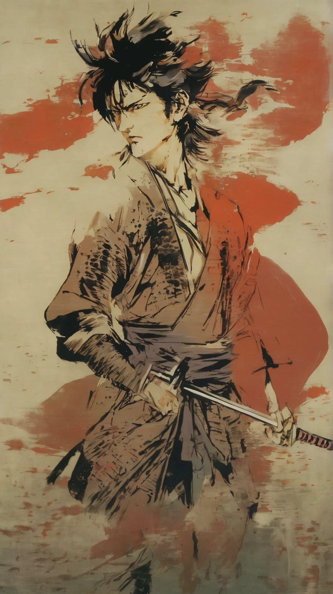 score_9, score_8_haut, score_7_haut, homme avec un jinbei noir, dégainant un katana devant son visage, pétales de cerisier volant autour de, visage sérieux, yeux noirs, arrière-plan sombre, une lumière mystique tombe sur un samurai, détails complexes, Une image épique, scène épique, éclairage dramatique, budget élevé, Bokeh, cinémascope, lunatique, épique, magnifique, grain de film, granuleux, chef-d'œuvre, meilleure qualité, yoji shinkawa
