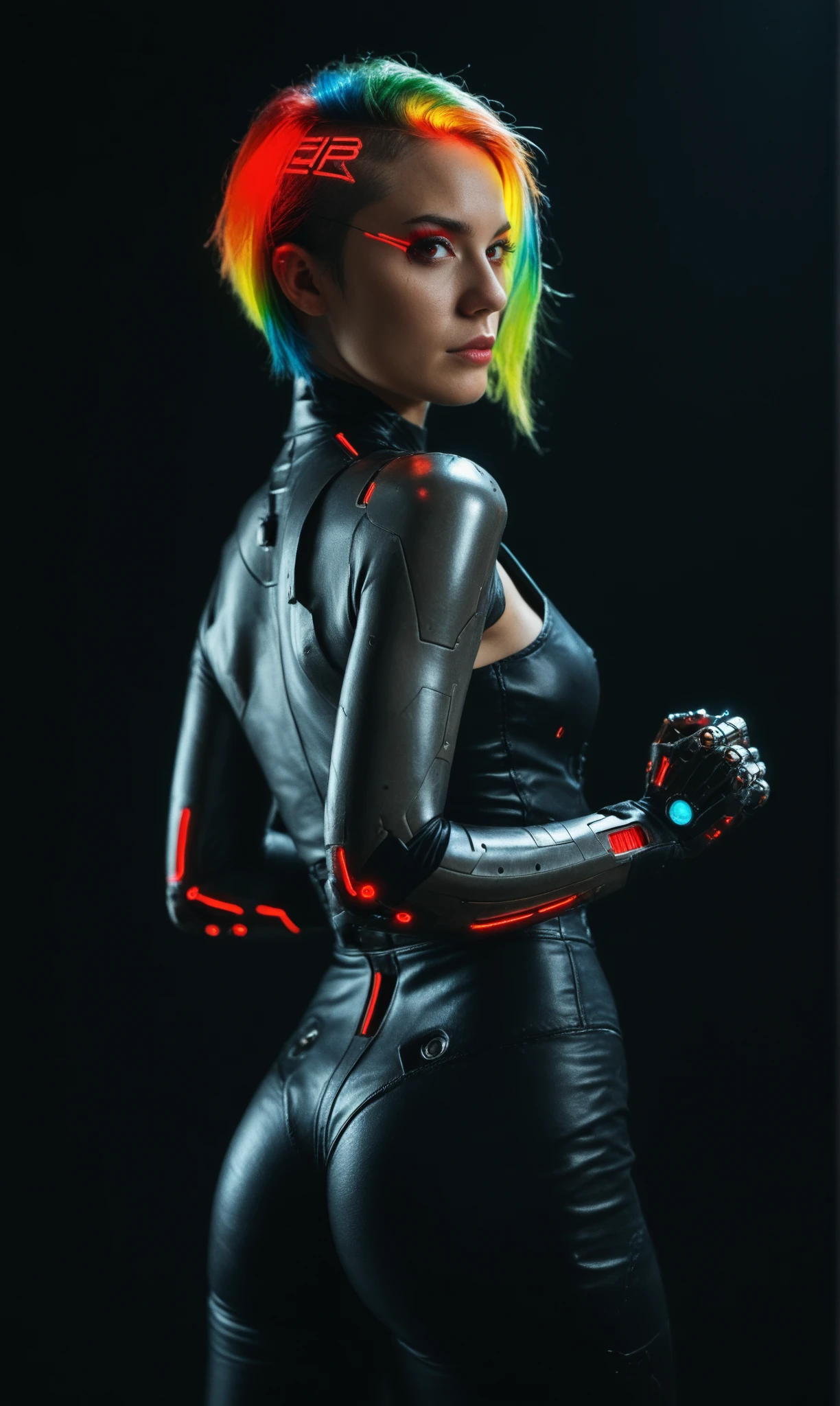 score_9, score_8_up, score_7_up, score_6_up, photo, realism, photorealistic, professional photo, from behind, round ass, cyber ninja, cyborg, rainbow hair, short haircut, makeup, sexy body, leather outfit, cleavage, cyberpunk elements, posing, fighting stance, looking at viewer, black background, red neon, neon glow, neon backlight,