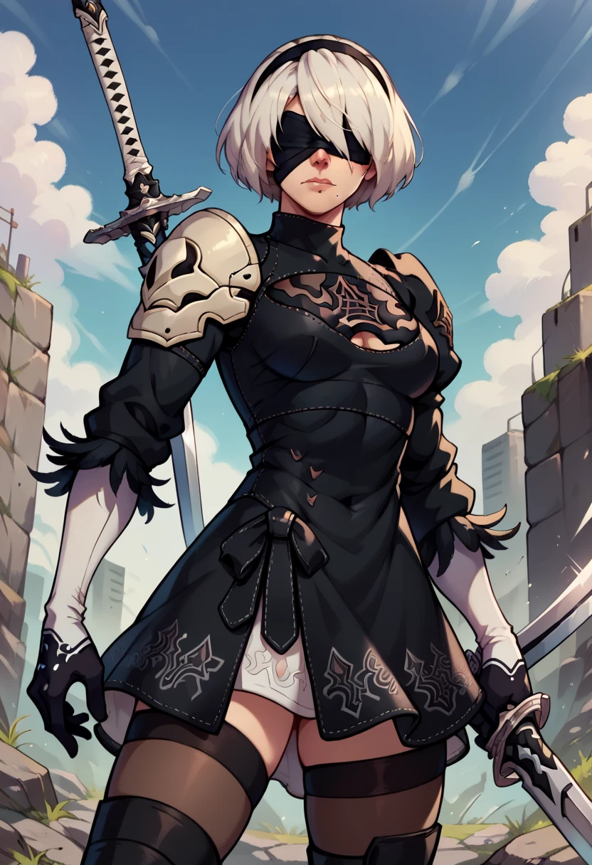 score_9, score_8_up, score_7_up, score_6_up, BREAK 2b \(nier:automata\),blindfold,holding sword,edgAdepta,wearing edgAdepta,power armor,shoulder armor,skull emblem 