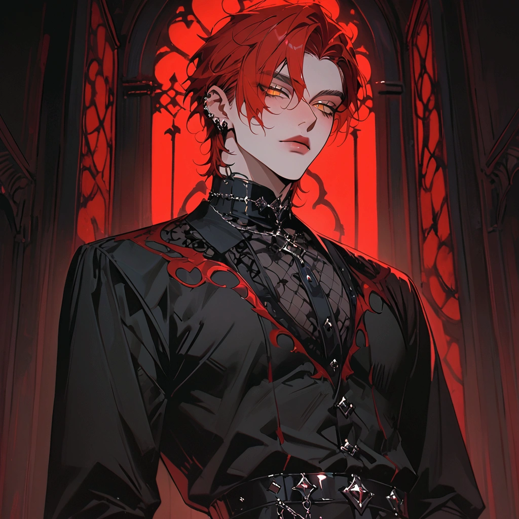 masterpiece, newest, absurdres, safe, high detailed, masterpiece. high detailed, male, relaxed, Elegant goth, goth male, Romance goth, Romantic goth clothing, High Fantasy goth, Male, Masculine, handsome face, Handsome male, upperbody, handsome. fixing his shirt inside a palace bedroom, Crimson Red hair, golden eyes, Handsome, Black buttoned shirt, Prince, Handsome Prince, short hair, Muscular, toned, wide. Upper POV, 