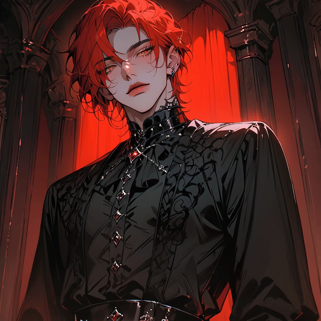 masterpiece, newest, absurdres, safe, high detailed, masterpiece. high detailed, male, relaxed, Elegant goth, goth male, Romance goth, Romantic goth clothing, High Fantasy goth, Male, Masculine, handsome face, Handsome male, upperbody, handsome. fixing his shirt inside a palace bedroom, Crimson Red hair, golden eyes, Handsome, Black buttoned shirt, Prince, Handsome Prince, short hair, Muscular, toned, wide. Upper POV, 