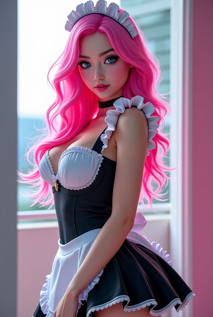 ((best quality)), ((highly detailed)), masterpiece, (detailed eyes, deep eyes), (1girl), dynamic angle, cowboy shot, mlppinkiepie, smile, looking at viewer, ((big curly hair)), bright pink hair ((blue eyes)), naked, slight smile (indoor, ),ballet studio, sexy ballerina, white ballet clothes, wide white tutu, choker, flashing breasts, exposed breasts, nipples, graceful pose, removing dress, undressing