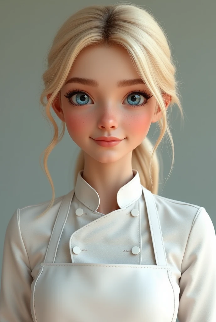 A beautiful detailed blonde girl in a chef's uniform with a white jacket and white pants, making a confession, photorealistic, masterpiece, 1girl, detailed eyes, long hair, purple eyes, cute, alone