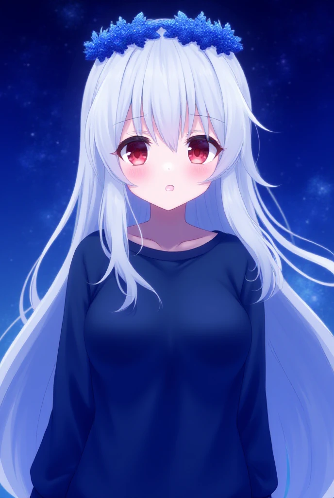 1menina, alone,with a dark blue sweatshirt, with hair, long,white, red eyes , with an expression ,seria, with big breasts , with a dark blue wreath,with blue glitter,With a galaxy in the background and stars in the sky,version, anime,manga.