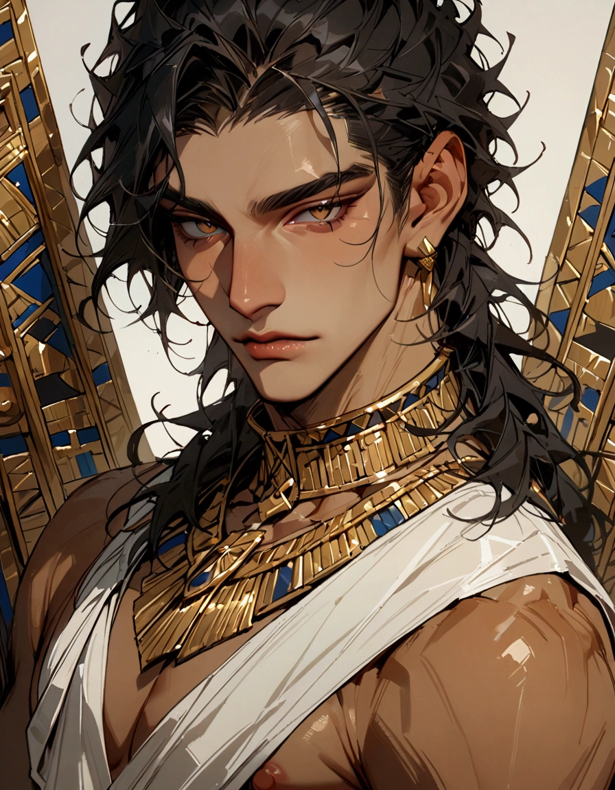 masterpiece, newest, absurdres, safe, high detailed, masterpiece. high detailed, male, relaxed, High Fantasy, Male, Masculine, handsome face, Handsome male, upperbody, handsome, black hair hair, golden eyes, Handsome, Caramel Skin, tan, Egyptian Pharaoh, Shirtless, Toga, Shoulder cloth, Gold neck, gold egyptian decorations