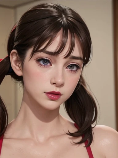 Diane sds ,   delicate violet eyes face  , full lips makeup ,  red lipstick,  brown hair tied with pigtails,  NSFW, big, Tits,   slim body detailed perfect ,   realistic  