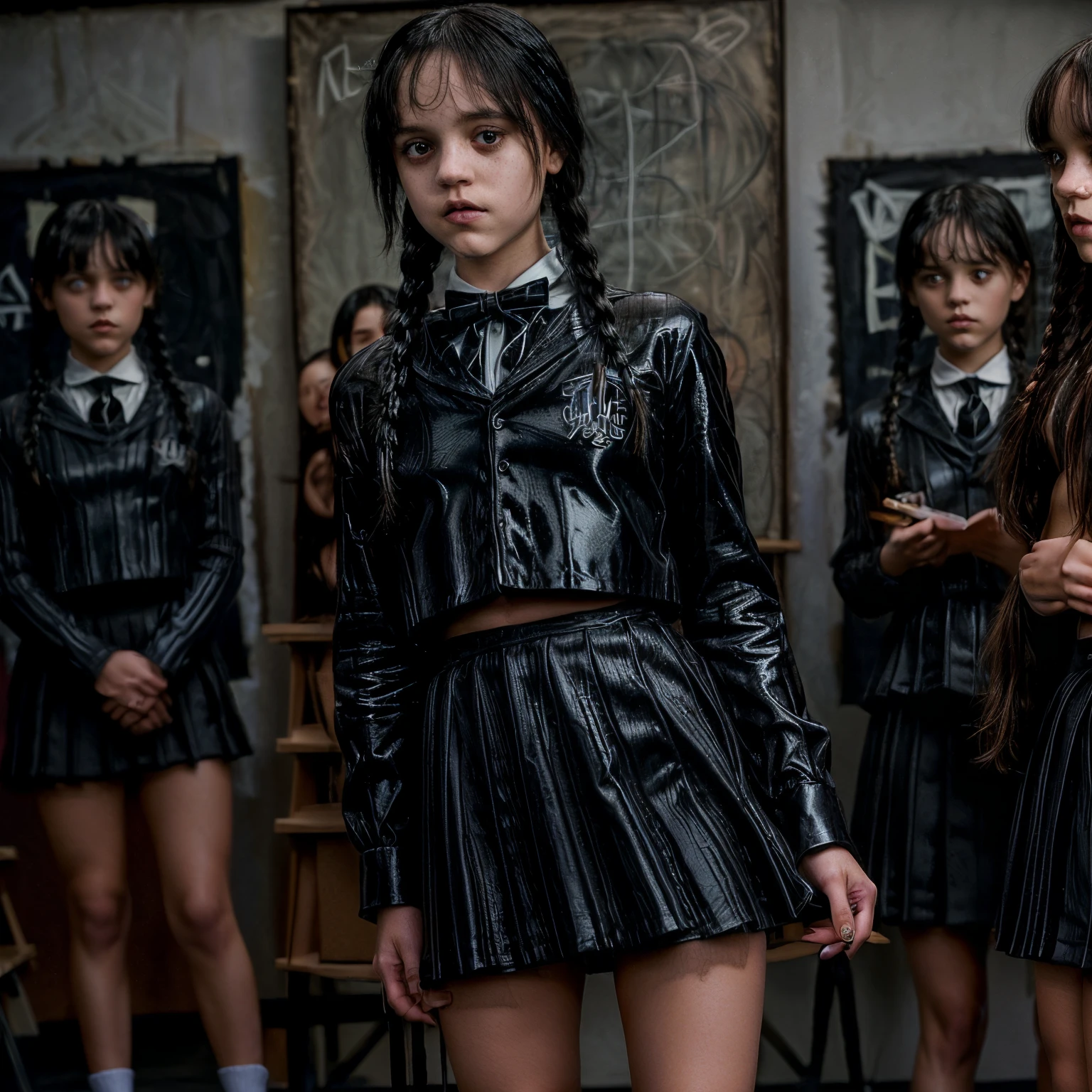 (photorealism:1.2), ((cute young Wednesday Addams)), ((fully naked)), ((naked in school)), ((legs akimbo)), ((vagina on display)), ((girls dressed in high school uniforms in a busy art class)), hair in braids, ((well-oiled shiny smooth skin)), ((full-length body)), naked ((NSFW))