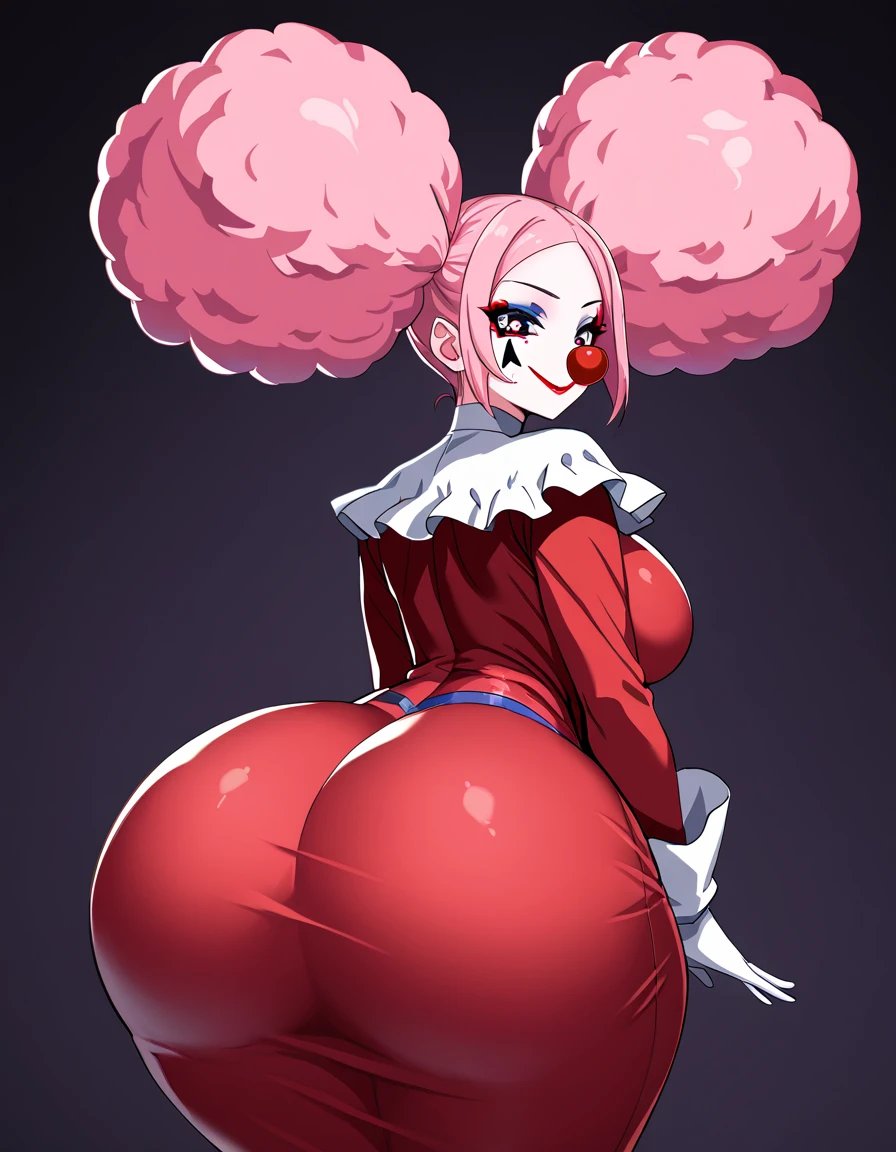 Masterpiece, best quality, high res, 8k, solo, A stylized anime character design featuring a young, attractive female character, clown girl, pink afro puffs hairstyle, clown nose, wide hips, large breasts, huge ass, sexy clown clothing,clown, makeup, clown nose, facepaint, gloves, long sleeves, frills, dress, beautiful eyes, contrapasto pose