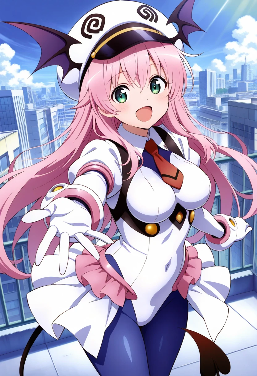 aalala, long hair, hat, white headwear, head wings, green eyes, breasts, tail, red necktie, white bodysuit, white leotard, puffy sleeves, white gloves, showgirl skirt, blue pantyhose, outstretched arms, smile, blue sky, city, rooftop, open mouth,, standing, cowboy shot,
(masterpiece, best quality, very aesthetic, ultra detailed), intricate details, 4k,