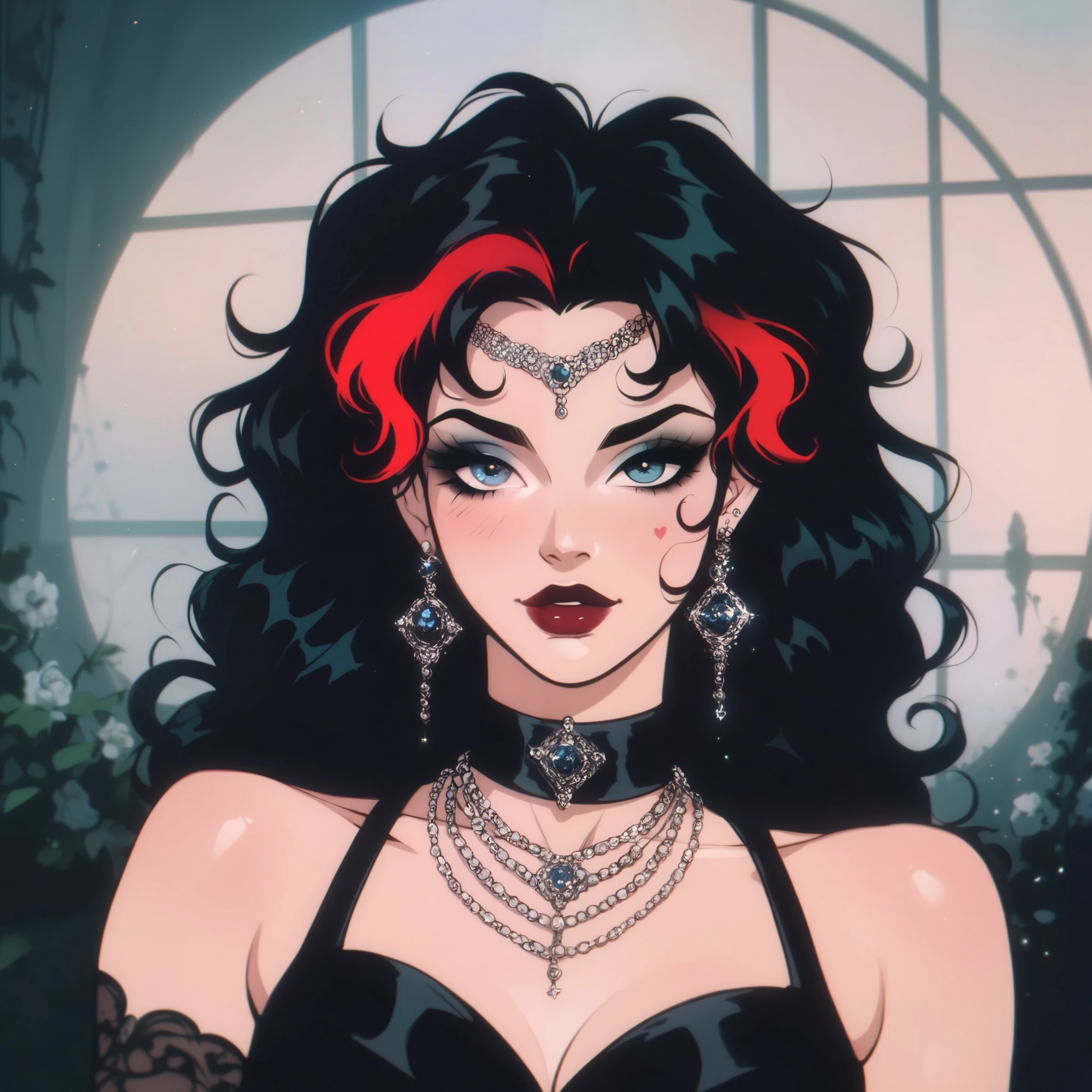 The character presents an impressive visual , with very voluminous and curly hair , dominated by black tones and red highlights . His eyes are remarkable, with an intense red glow , which adds an air of mystery and power . Her face has striking features and her skin is a darker shade, which contrasts well with the hair .
She is dressed in a shirt White that is a bit loose , enhancing your figure, and wears a dark necklace , possibly a choker , that complements her bold style . The environment in the background suggests an elegant place , with classic architectural elements .
in general, the character exudes a strong and confident presence , mixing a style With a touch of fantasy .