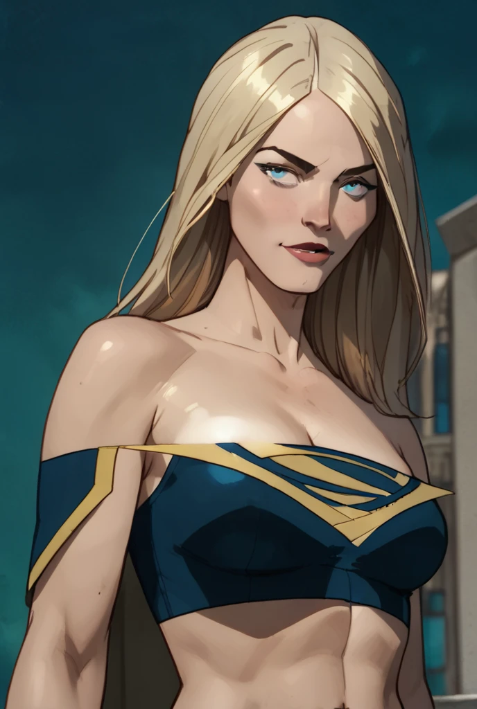 dramatic comic-book style, realistic. a blonde woman, blue eyes, chubby cheeks, full face. medium length straight hair over one shoulder. she wears a dark blue shirt with gold trim, wine colored bell bottoms. she stands straight backed, hands on hips. a stern expression on her face. city background. emphasize her hair swept over one shoulder, leaving the other shoulder bare. emphasize that she is an adult, (((small breasts )))