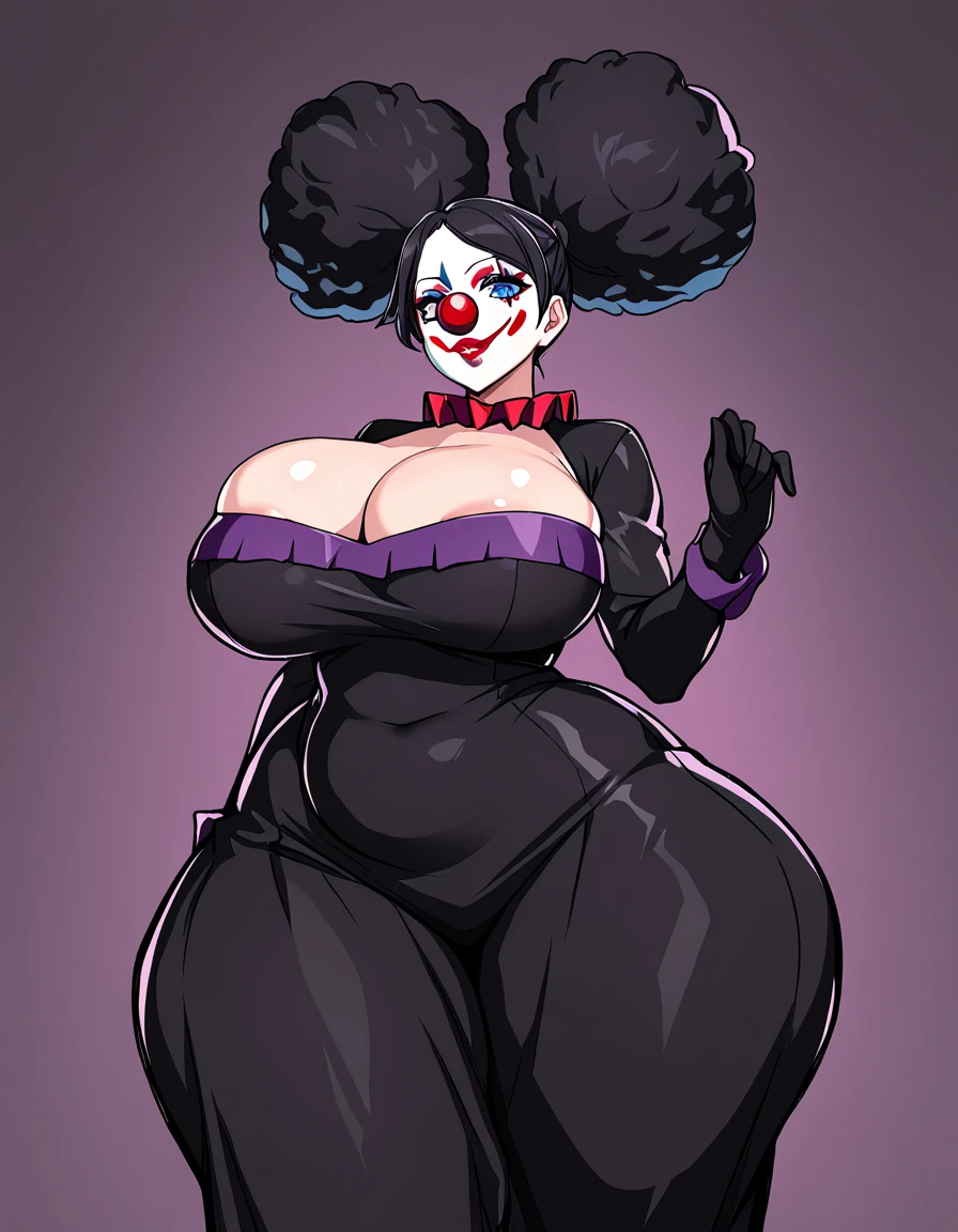 Masterpiece, best quality, high res, 8k, solo, A stylized anime character design featuring a young, attractive female character, clown girl, afro puffs hairstyle, clown nose, wide hips, large breasts, huge ass, sexy clown clothing,clown, makeup, clown nose, facepaint, gloves, long sleeves, frills, dress, pointy breasts, plump lips, ample cleavage, areola peek, beautiful blue eyes,