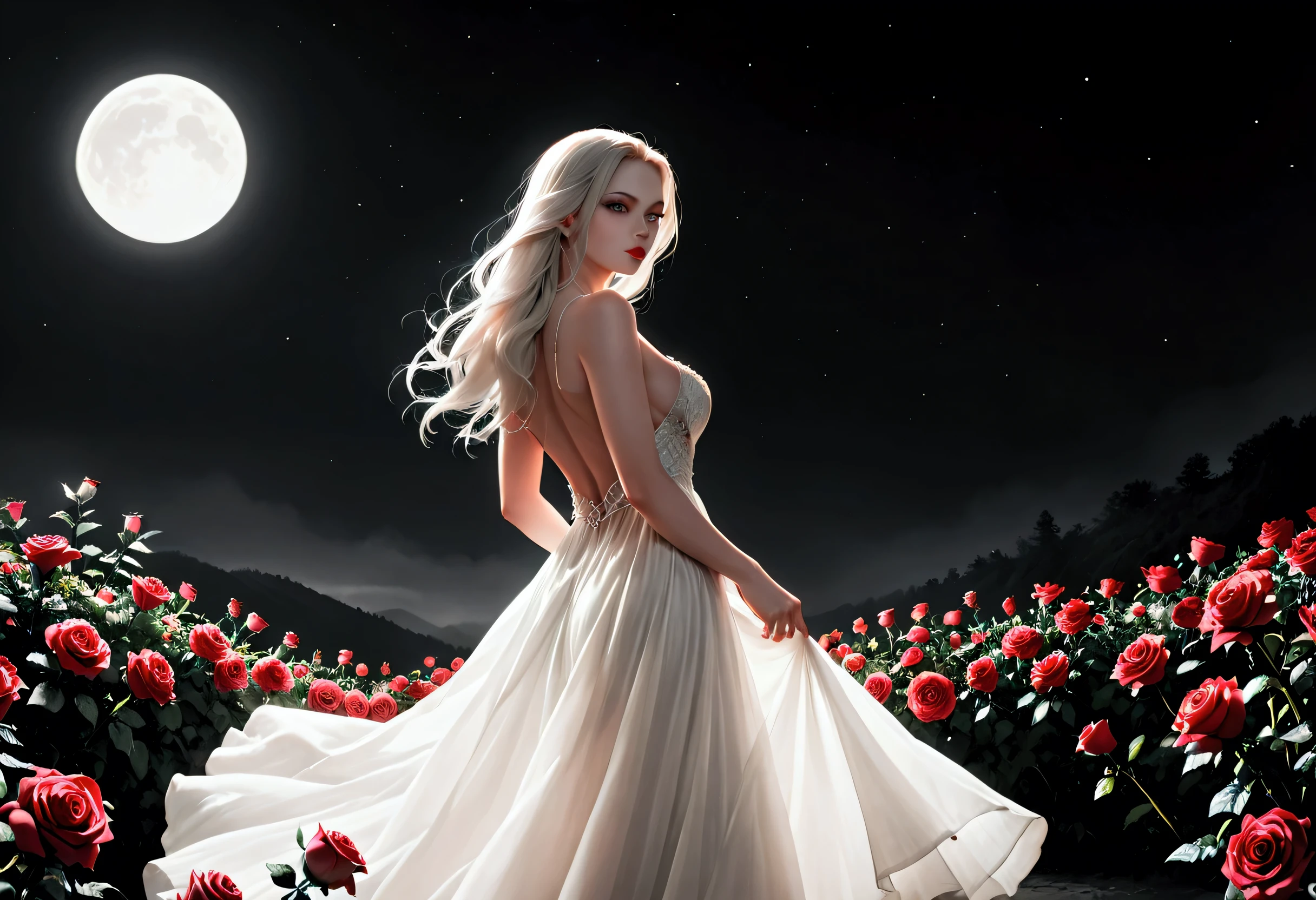 score_9, score_8_up, score_7_up, score_6_up, score_5_up, score_4_up, (black and white picture: 1.5) mostly black and white, a picture of a beautiful vampire, long hair hair, blue eyes, wearing white silk dress, with (red roses on the dress: 1.3), backless dress, small cleavage, it is night, the moon in the sky, picture taken from the rear, (only colors are the red roses), Cinematic Shot