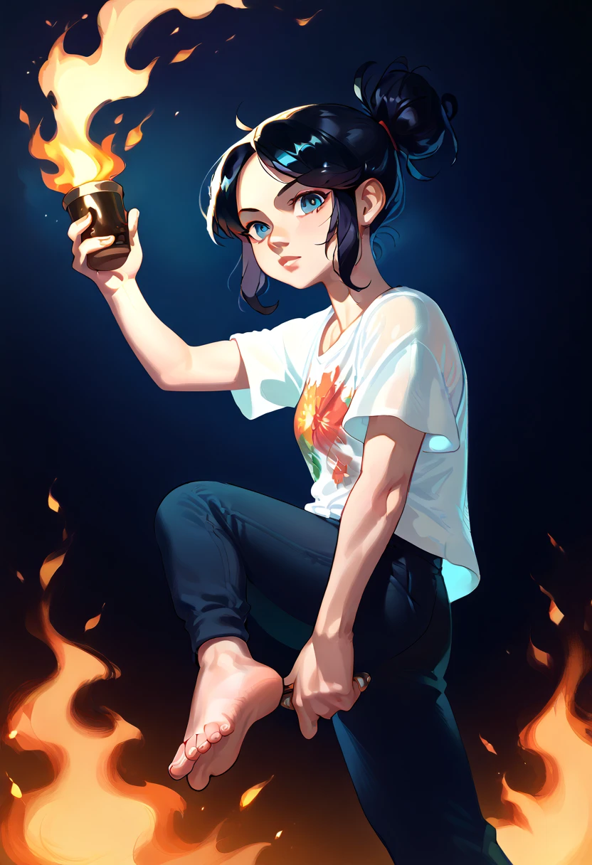  the messy appearance of a mulatto girl with black hair tied in a ponytail, Fire,  black t-shirt , , elegant,  Digital painting , arte conceptual,   sharp focus,  illustration  , Focus feet,