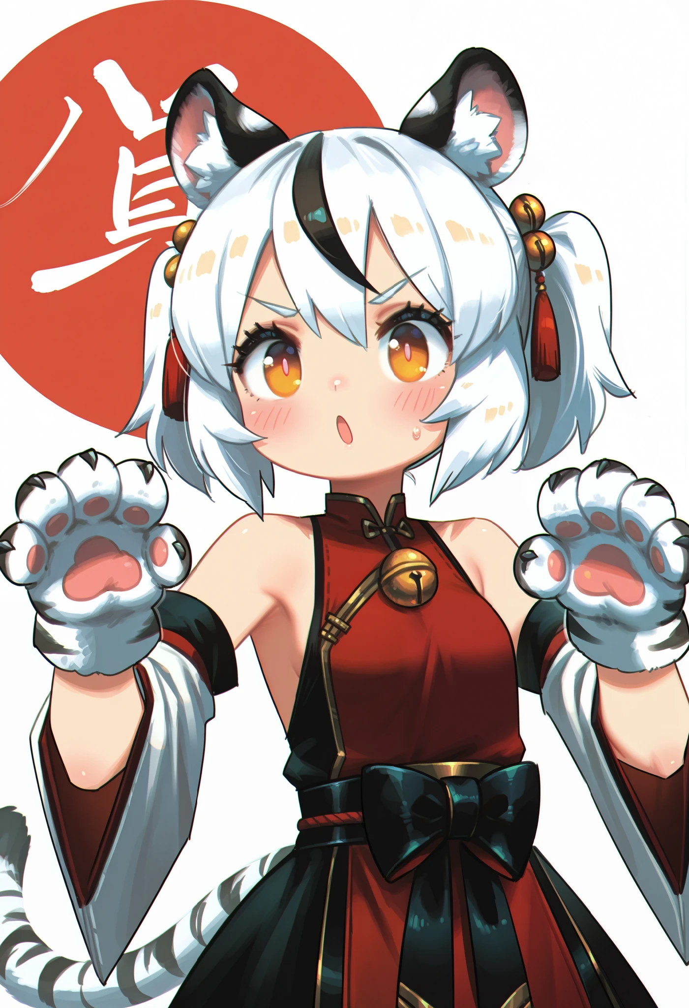 (porforever style:0.8), (Himehajime style:0.85), 1girl,solo,bai and huang, animal ears,silver hair, orange eyes, small breasts,dress,bare shoulders,wide sleeves,sleeveless,hands up,animal hands,tiger paws,white fur, white background, simple background, upper body, masterpiece, best quality, amazing quality, very aesthetic, high resolution,