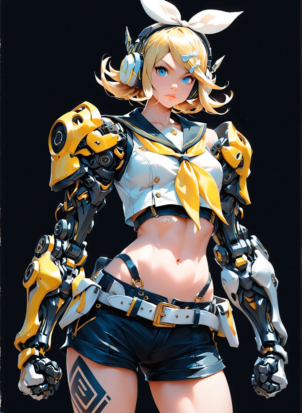 work of art,best qualityer,high resolution,30 year old woman,hair blue,tied up hair,beautiful  face,yellow  eyes,glare eyes,Cat's ears,perfectbody,ATHLETIC BODY,milf,body builder pose, breasts small, thick-thighs,big-ass,round buttocks,body builder,Jacket over,good, perneiras,standing,expression of pleasure, inside the room