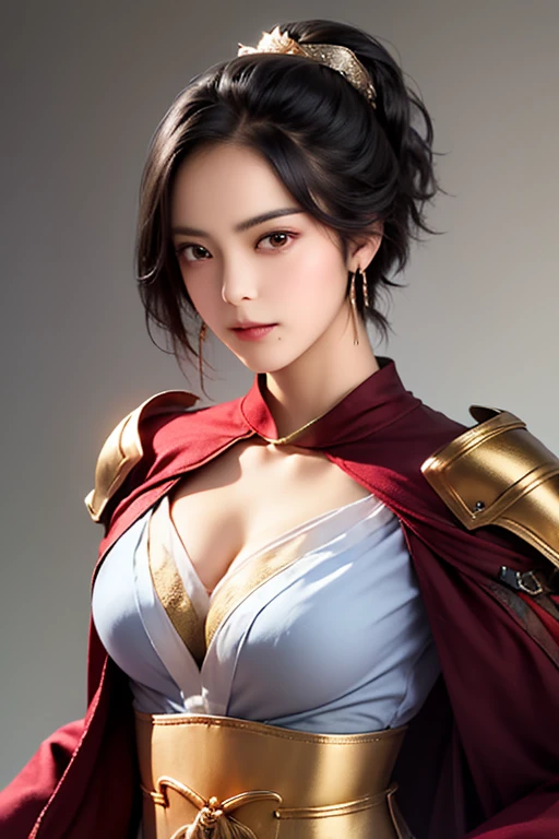 ((The upper body of a female warrior wearing gold and red armor and a cloak:1.4)),1 person,  black hair,  belly shortcut   ,Big breasts and cleavage,  high-definition face and skin texture  ,  staring at the camera,   Chinese Warrior:1.2,  perfect beauty: 1.4, fine grain,  double eyelids in a judo suit ,  whitening for women with bristles, top quality ,  super high res ,  simple background，Symmetrical Normal Eyes   , hair accessories, Slim Waist ,((great general)),