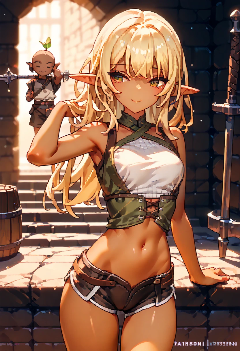  ,      dark skin    ,     smooth skin, smile,      standing device  ,  young woman- ,     thin waist, , , pixel  , small head,    long hair    ,  adventurer , archer, elf,    blonde   , sex,    bare shoulders are visible,  thin waist, dungeon, navel,  short shorts 