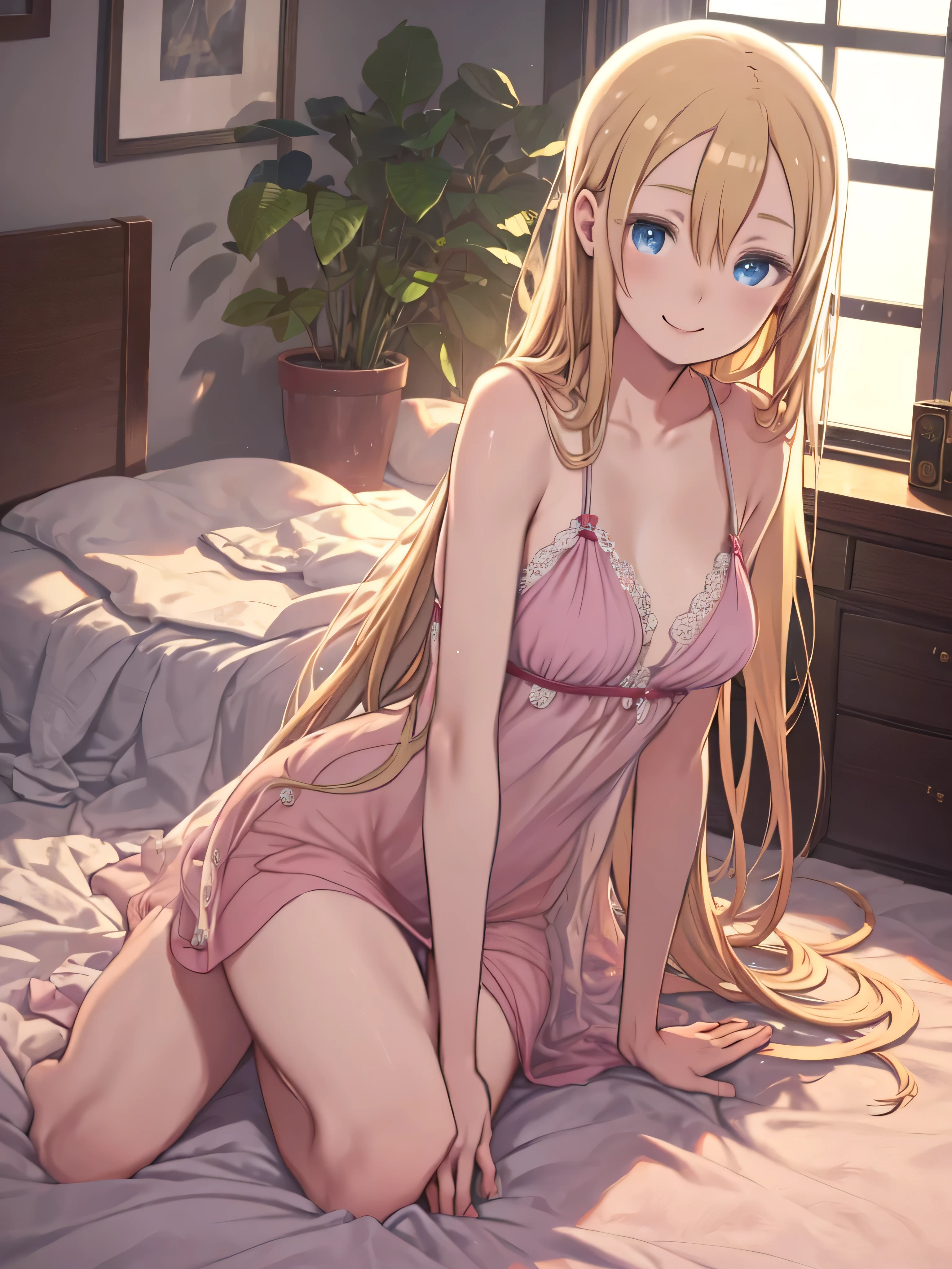 Middle school girl, 14 years old, A cup breasts, blonde, long hair, purple eyes （One person） She is wearing a plain white T-shirt with her white bra showing through.　White panties with light pink horizontal stripes（（I can see her panties））Barefoot, morning, lying in bed, dynamic angle