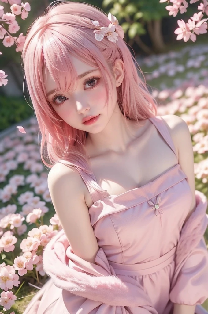 young woman, short shoulder-length pink hair, wide forehead, porcelain skin, pink eyebrows, big emerald green eyes, buttoned nose, full lips, heart-shaped face, slender body, small breasts, red tank top, Sakura Haruno , realistic, realism, details, 3d, well detailed