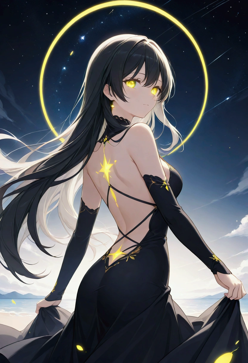 score_9, score_8_up, score_7_up, score_6_up, score_5_up, score_4_up, (black and white art: 1.5) mostly black and white, a picture of a beautiful woman, long hair, wearing dark blue dress, with yellow glowing stars on it, backless dress, small cleavage, it is night, the moon in the sky, picture taken from the rear (only colors are the dress and the eyes)