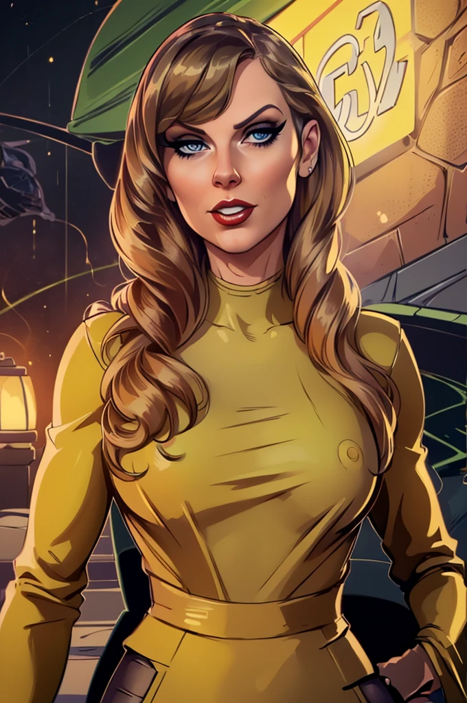 Beautiful young woman, Taylor Swift, (beautiful detailed eyes), (beautiful detailed lips), (extremely detailed eyes and face), (long eyelashes), long yellow hair, (Red lipstick), (Brown eyes), Yellow jumpsuit (Rolled-up sleeves),open chest,big nipples, (Channel 6 News), (Classic TMNT cartoon from the 1980s), (Best quality, 4K, 8K, a high resolution, masterpiece:1.2), ultra detailed, (Realistic, photoRealistic, photo-Realistic:1.37), (HDR), (UHD), (Studio lighting), (very detailed description), (professional), (bright colors), (hips), (portraits), (Concept Artists), (bright, Warm colors), (soft, diffused lighting).erotica