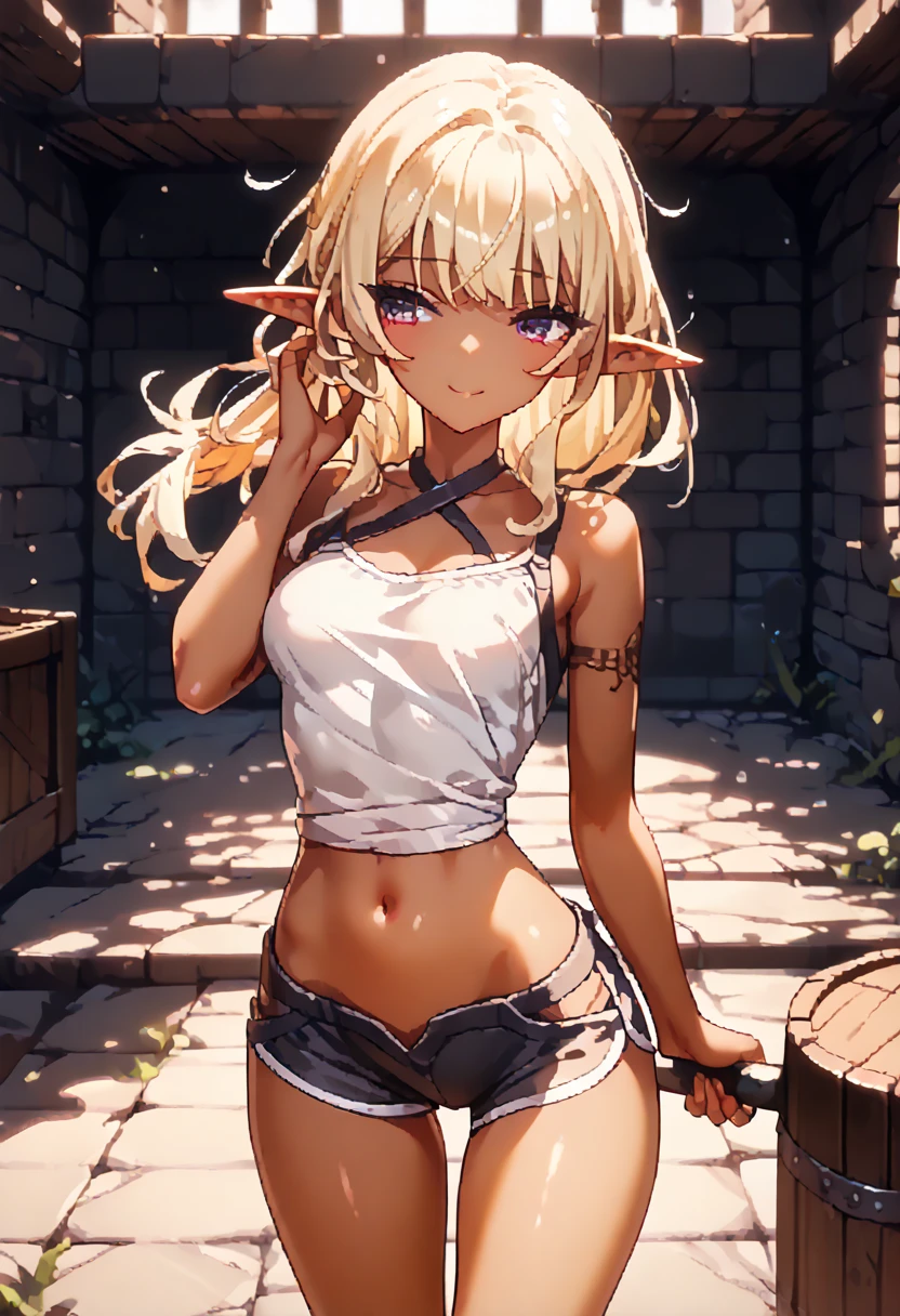  ,      dark skin    ,     smooth skin, smile,      standing device  ,  young woman- ,     thin waist, , , pixel  , small head,    long hair    ,  adventurer , archer, elf,    blonde   , sex,    bare shoulders are visible,  thin waist, dungeon, navel,  short shorts , neckline