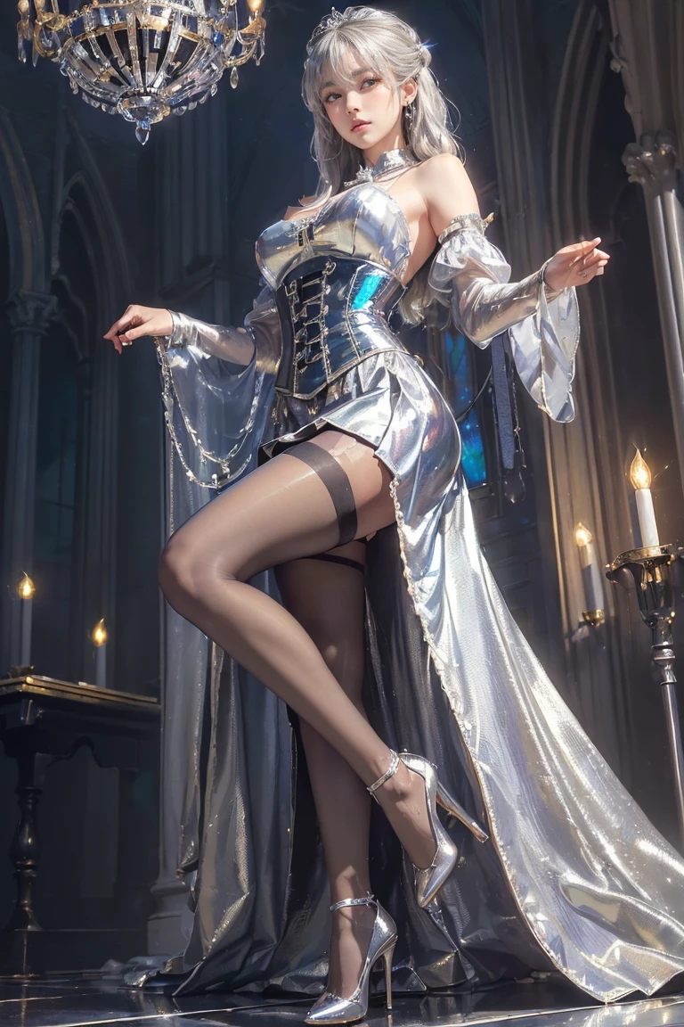 (masutepiece, Best Quality:1.5), Fractal Art, Silver Shorthair, Blue eyes, Spotlight, Sexy Pose, Beautiful girl doing pole dancing,