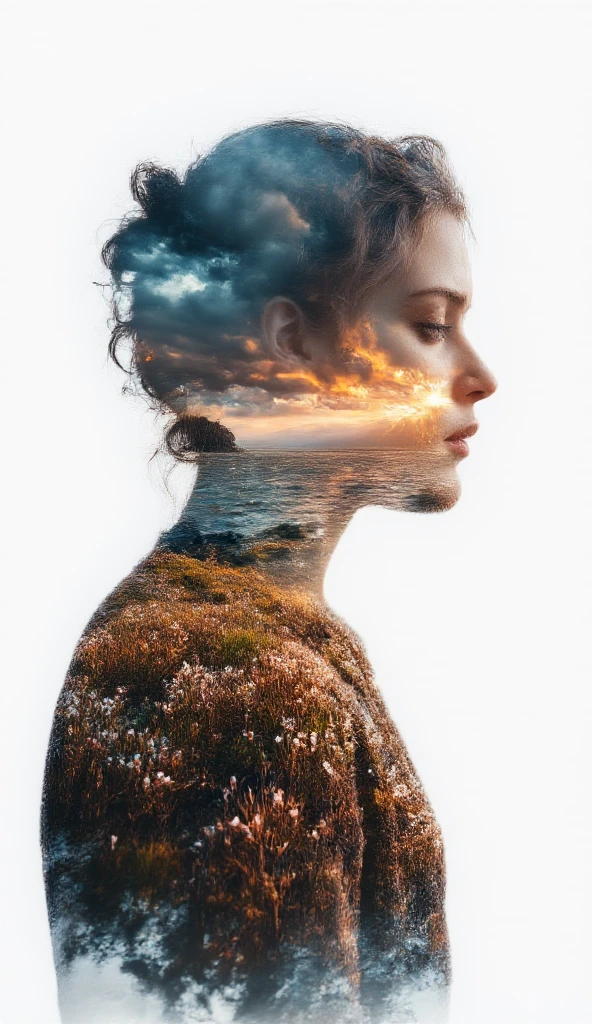 A double exposure illustration of a man gazing thoughtfully into the distance, his silhouette merging with a translucent vision of his soul—a radiant figure embodying light and serenity. The composition captures a single, breathtaking moment, such as a sunrise over a tranquil sea or a field of blooming flowers, blending seamlessly with the contours of his form. The artwork is crafted in a combination of ink, watercolor, and oil, with soft, fluid strokes for the soul, vibrant splashes for the moment, and textured details for the man, creating a harmonious and deeply emotive piece.