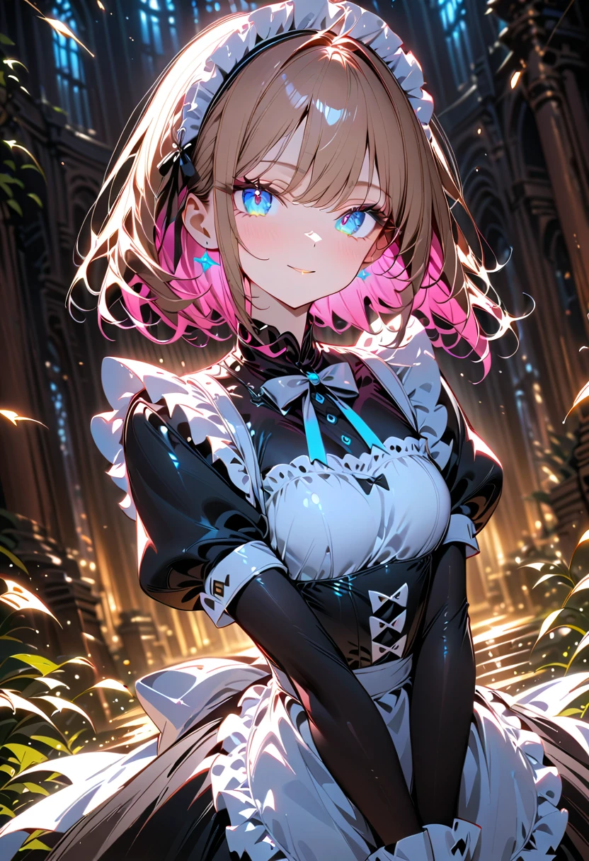 1girl, (beautiful maid girl, wearing maid uniform), elegance, detailed beautiful face, gentle smile, (finely detailed beautiful eyes), (cowboy shot, from front, face focus), deep depth of field, stunning, fascinating, enchanting, cinematic lighting, cinematic composition, anime style, vibrant colors, thin lines, dreamlike, absurdres, highres, masterpiece, best quality, newest, very aesthetic, ultra quality, high detailed, anatomically correct, perfect hands,