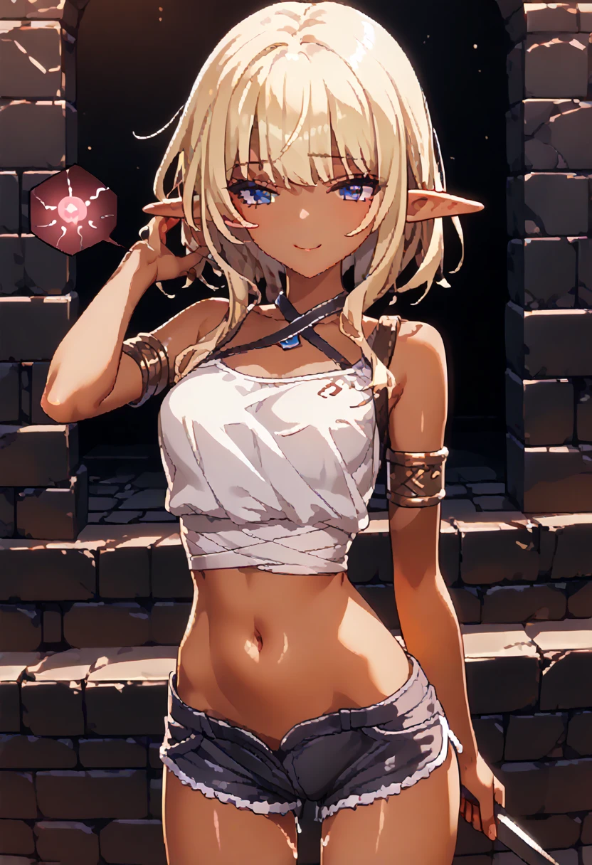  ,      dark skin    ,     smooth skin, smile,      standing device  ,  young woman- ,     thin waist, , , pixel  , small head,    long hair    ,  adventurer , archer, elf,    blonde   , sex,    bare shoulders are visible,  thin waist, dungeon, navel,  short shorts , neckline,  phantesis , sex,  sperm, hentai