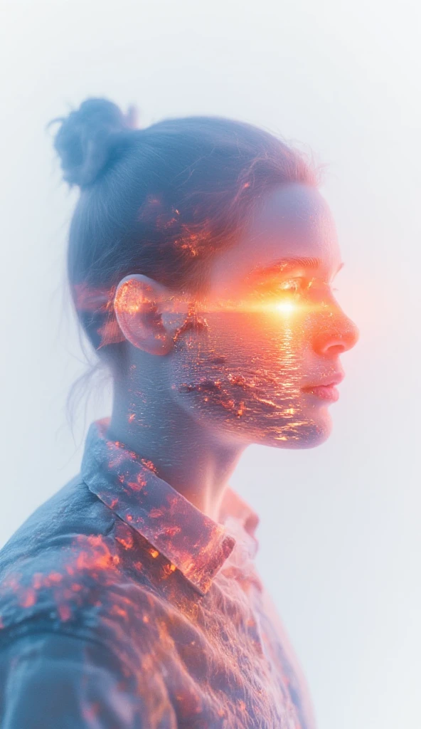 A double exposure illustration of a man gazing thoughtfully into the distance, his silhouette merging with a translucent vision of his soul—a radiant figure embodying light and serenity. The composition captures a single, breathtaking moment, such as a sunrise over a tranquil sea or a field of blooming flowers, blending seamlessly with the contours of his form. The artwork is crafted in a combination of ink, watercolor, and oil, with soft, fluid strokes for the soul, vibrant splashes for the moment, and textured details for the man, creating a harmonious and deeply emotive piece.