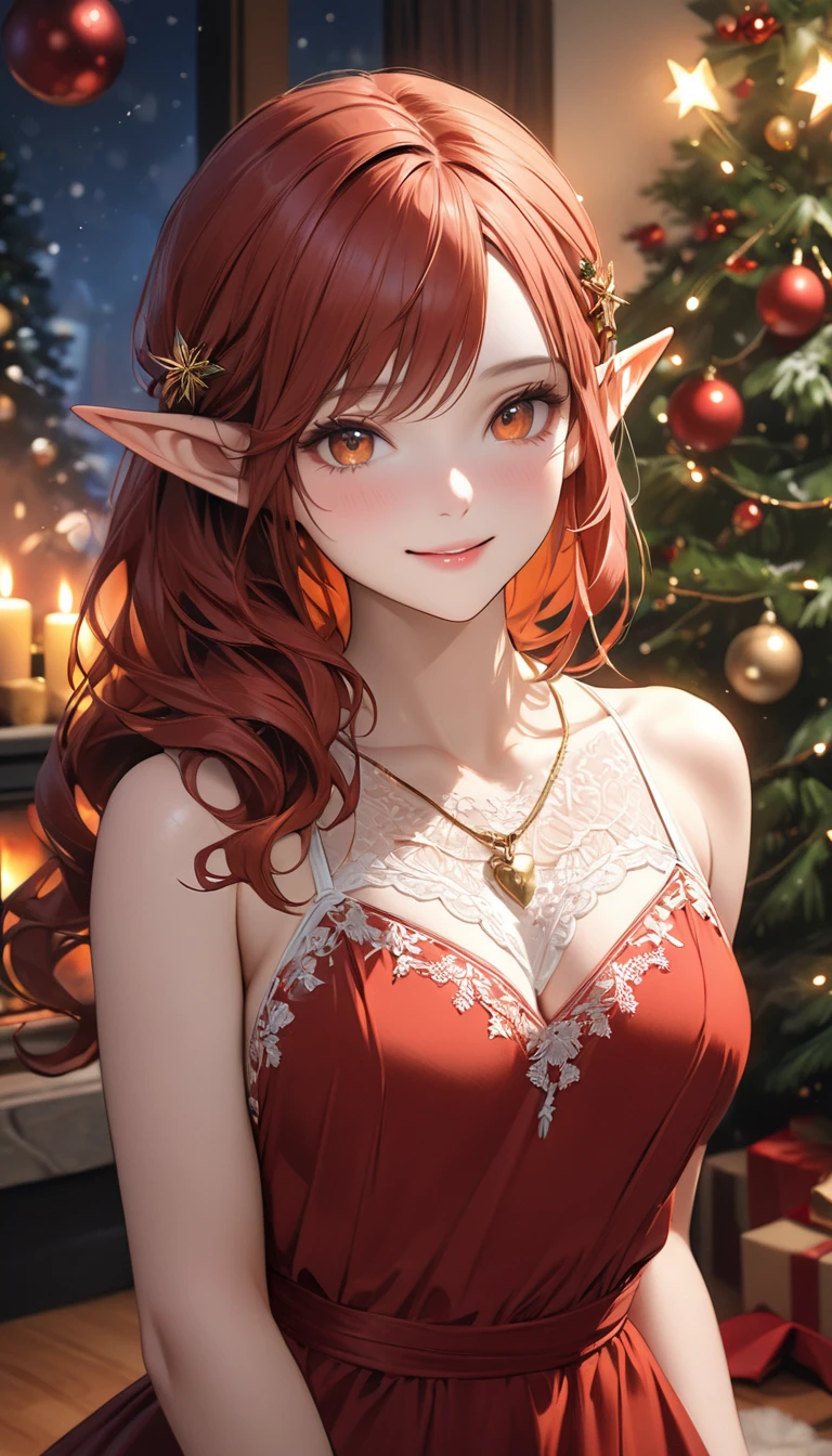 (master piece: 1.1), (makima \(chainsaw man\)), 1girl, mature female, emphasis on face, detailed face, detailed yellow eyes, eyes_focus, (pointy ears), yellow sclera, (blushing face), anime character, smiling, (elf costume), dress, christmas clothes, wearing red hat on his head, dynamic pink hair, bedroom, christmas room, christmas tree, blur_background