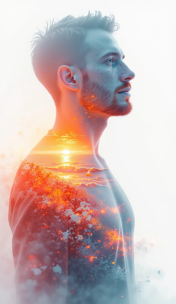 A double exposure illustration of a man gazing thoughtfully into the distance, his silhouette merging with a translucent vision of his soul—a radiant figure embodying light and serenity. The composition captures a single, breathtaking moment, such as a sunrise over a tranquil sea or a field of blooming flowers, blending seamlessly with the contours of his form. The artwork is crafted in a combination of ink, watercolor, and oil, with soft, fluid strokes for the soul, vibrant splashes for the moment, and textured details for the man, creating a harmonious and deeply emotive piece.