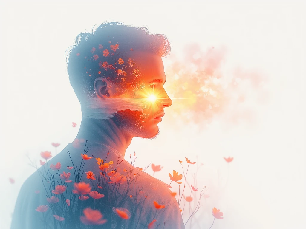 A double exposure illustration of a man gazing thoughtfully into the distance, his silhouette merging with a translucent vision of his soul—a radiant figure embodying light and serenity. The composition captures a single, breathtaking moment, such as a sunrise over a tranquil sea or a field of blooming flowers, blending seamlessly with the contours of his form. The artwork is crafted in a combination of ink, watercolor, and oil, with soft, fluid strokes for the soul, vibrant splashes for the moment, and textured details for the man, creating a harmonious and deeply emotive piece.