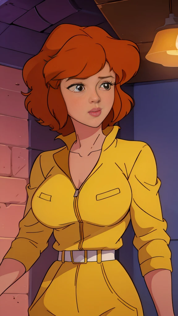 (masterpiece:1.2, best quality:1.2, beautiful, high quality, highres:1.1, aesthetic), detailed, extremely detailed, ambient soft lighting, 4K, perfect lighting,
1girl, solo,CARTOON_April_ONeil_TMNT_ownwaifu, www.ownwaifu.com,
brown hair, short hair, breasts, brown eyes, large breasts, lips, makeup, collarbone, lipstick,
cleavage, sleeves rolled up, yellow jumpsuit, watch, unzipped, zipper, white belt,ben10